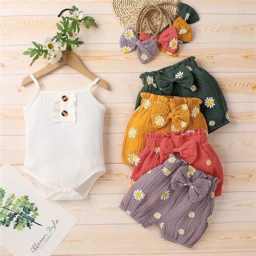 Infant Baby Girls Ribbed Clothes Set, Solid Color Sleeveless Romper+Daisy Print Shorts+Bow-knot Headband