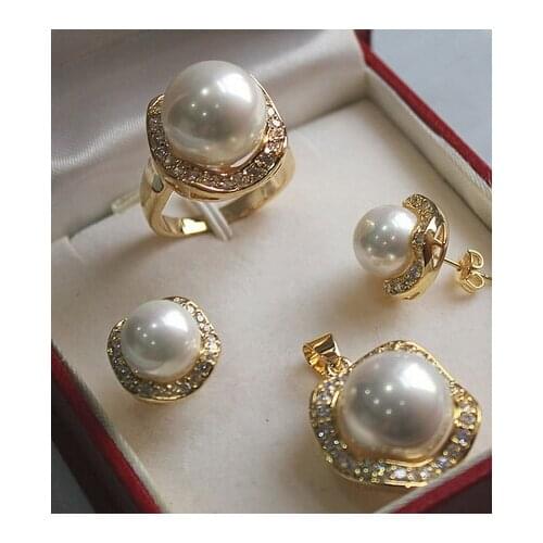 Jewelry Set 12-14mm Charming Shell Pearl Pendant Earing Ring Jewelry Set 18inch real Women Fine for lady jewelry