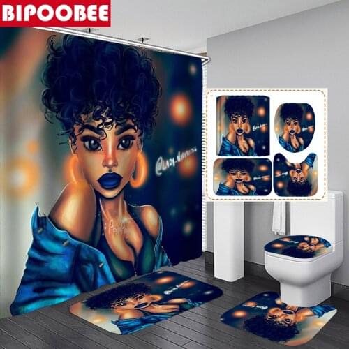 Curls Sexy African Girl Shower Curtain Fabric Bathroom Curtains Set Afro America Women Non-slip Bath Mat Toilet Pad Carpet