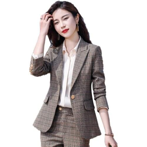 Lenshin High Quality 2 Piece Set Plaid Formal Pant Suit Blazer Office Lady Designs Women Soft Brown Jacket and Pant