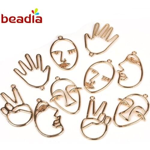 Factory Price 4pcs character face hollow hand victory charm Metal Pendant KC Gold Bezel Setting Cabochon Setting UV Resin Charm