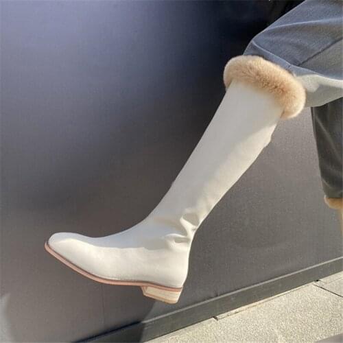 PXELENA Fashion Western Knight Riding Knee High Boots Women Split Leather Fur Winter Warm Shoes Female Low Heels Zip Black Beige