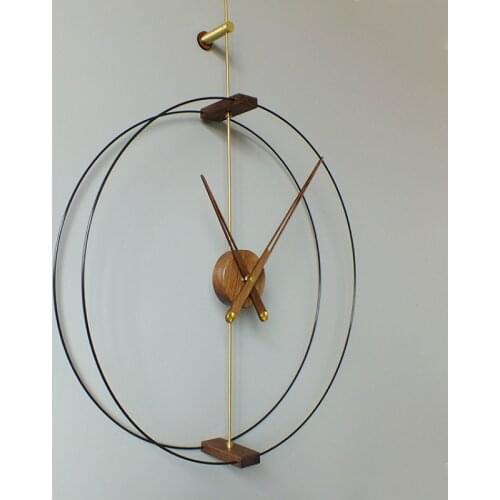 Nordic modern minimalist creativity Spain design wall clock hotel living room black walnut large pointer copper wall decoration