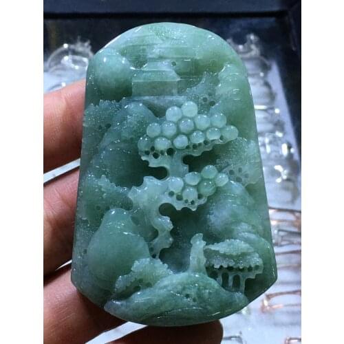 Natural Myanmar jade 7A HandCarved landscape waterfall jadeite green jade pendant jade necklace pendants jewelry jade necklaces