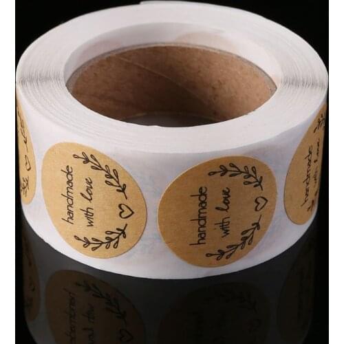 2021 New 500pcs Natural Handmade With Love Kraft Paper Stickers Round Adhesive Labels Baking Scrapbooking Wedding Party Favors