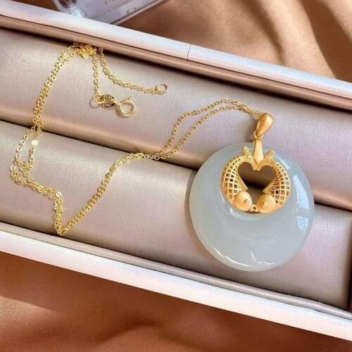 New silver inlaid natural Hetian white jade Pisces Pendant Necklace with Chinese unique sand gold craft womens brand jewelry
