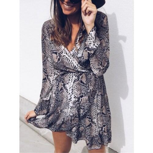 Brown Snake Printed Dress Women Holiday Long Sleeve V-Neck Dresses Autumn Spring Short Mini Dresses Vestidos