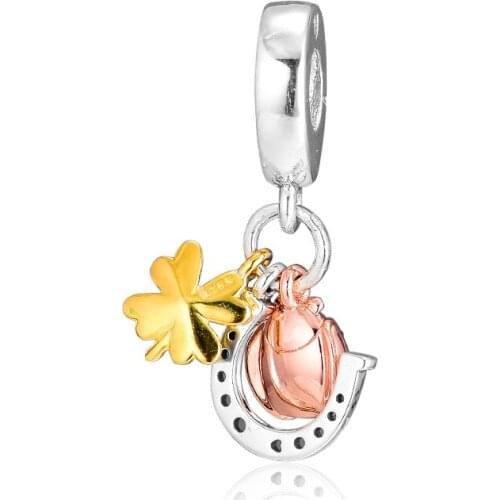 Fits For Pandora Charms Bracelets Metal Horseshoe Clover Ladybird Hanging Beads 100% 925 Sterling-Silver-Jewelry Free Shipping