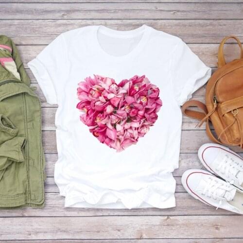 Pink Flowers Love Heart Floral Graphic Printed Women T-shirt Female Short Sleeve Tshirts Girls Summer New Fashion Casual Tops