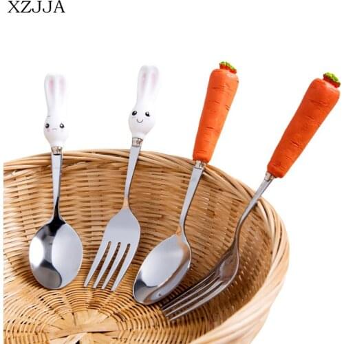 XZJJA 2pcs/set Creative Cartoon Fork Scoops Dinnerware Stainless Steel Rabbit Carrot Shape Kids Cutlery Western Food Tableware