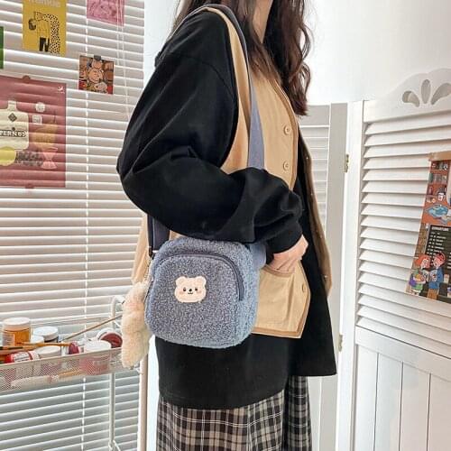 Women Bag Cute Bear Zipper Messenger Bag Women Plush Mobile Phone Flap Bag Girls Small Shoulder Bag 2021