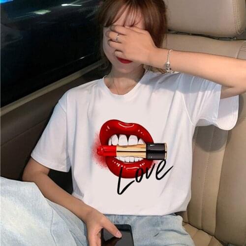 Womens T-shirt 90s Ulzzang Harajuku Graphic Funny Flaming red lips Print T-shirt O Neck Casual Womens Top T-shirt