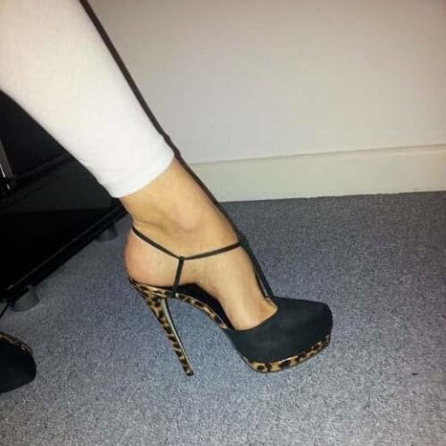 Leopard Prinit Heel Platform Women Sandal Thin Super High Heel Suede Slingback Pumps T-Bar Strap Nightclub Party Shoes