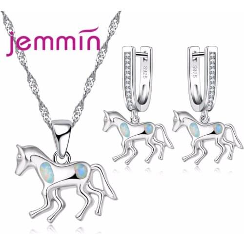 Pure 925 Sterling Silver Jewelry Cute Horse Pendant&Necklace Earrings Sets Paved Blue Fire Opal Birthday Gift for Women