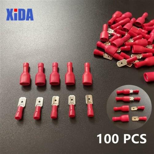 100pcs FDD 1.25-250 MDD1.25-250 6.3mm Red Female + Male Spade Insulated Electrical Crimp Terminal Connectors Wiring Cable Plug