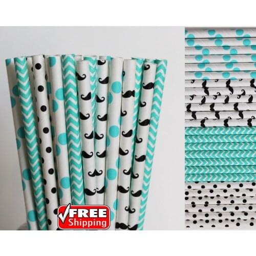 200pcs Mixed 4 Designs Aqua and Black Themed Paper Straws-Dot,Chevron,Mustache Little Man First Birthday Party Kids Baby Shower
