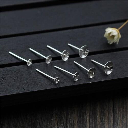 4pcs 100% 925 Sterling Silver Stud Earring Cabochon Base 3mm 4mm 5mm 6mm Earring Pin With Bead End Cap DIY Jewelry Making