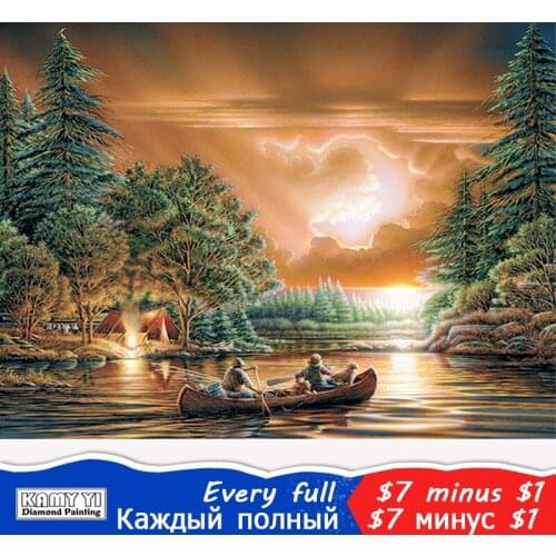Diamond embroidery diamond painting dusk fishing boat landscape photo mural 5D DIY cross stitch rhinestone mosaic decoration