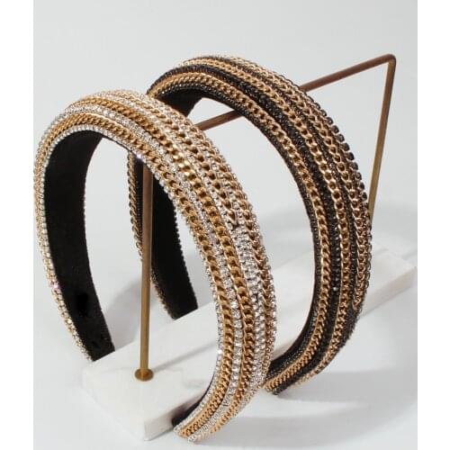 Baroque New Fashion Women Headband Wide Side Full Rhinestone Alloy Chain Hairband Luxurious Crystal Hair Accessories Wholesale
