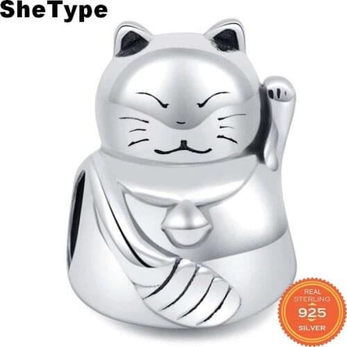 Japanese Style 2.9g Lucky Cat Beads for Women Jewelry Making Charm 925 Solid Sterling Silver