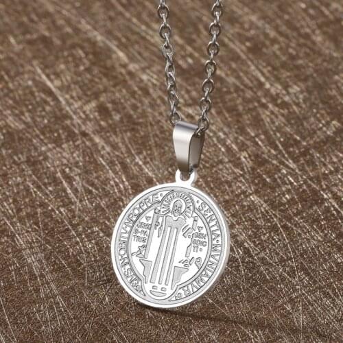 San Benito Medal Cross Jesus Pendant Stainless Steel Saint Benedict Link Chain Necklaces for Women Men Religious Jewelry