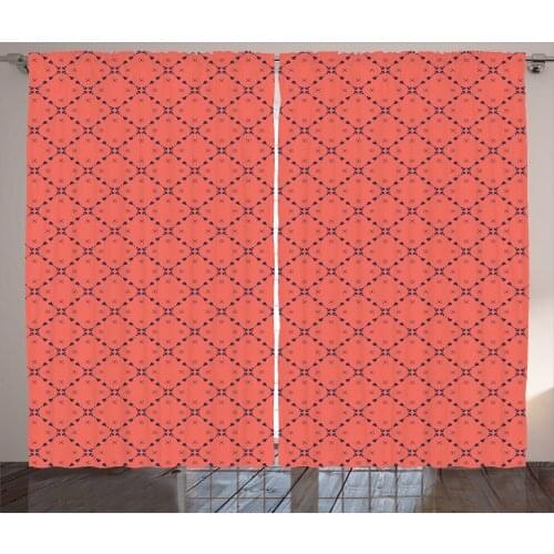 Coral Damask Curtains Modern Grid Design Repetition Satin Fabric Drapes for Living Room Bedroom 2 Panel Window Set