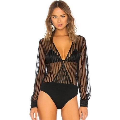 2020 Summer Womens Mesh Bodysuits Sheer Striped Long Sleeve V-Neck See Though Slim Bodysuit Overalls Black Jumpsuit Shorts Pants