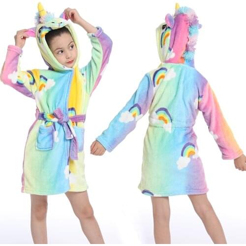 Cute Baby Bathrobes for Girls Pajamas Kids Rainbow Unicorn Hooded Beach Towel Boys Bath Robe Sleepwear Children Clothing Robes