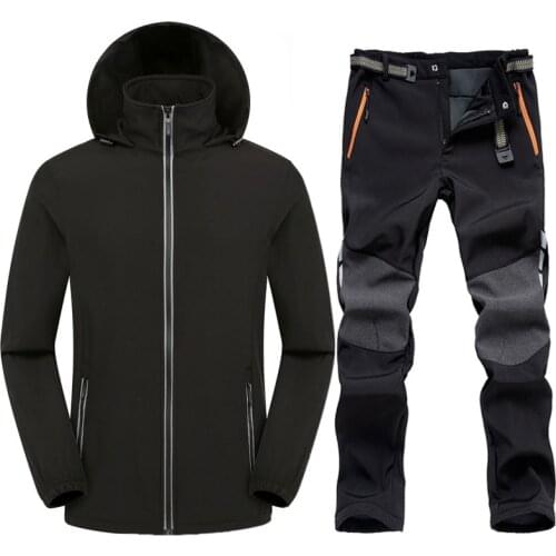 Mens Reflective Hiking Jacket Set Outdoor Warm Fleece Softshell Jacket and Pants Waterproof Climbing Camping Trekking Trousers