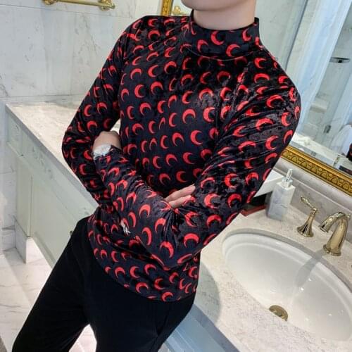 New velvet T-shirt winter mens moon print long-sleeved T-shirt Slim high-neck club clothing fashion designer Camiseta Masculina