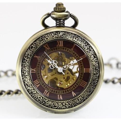 New Antique Transparent Cover Hand Wind Skeleton Mechanical Pocket Watch Necklace Chain Gift PJX1061
