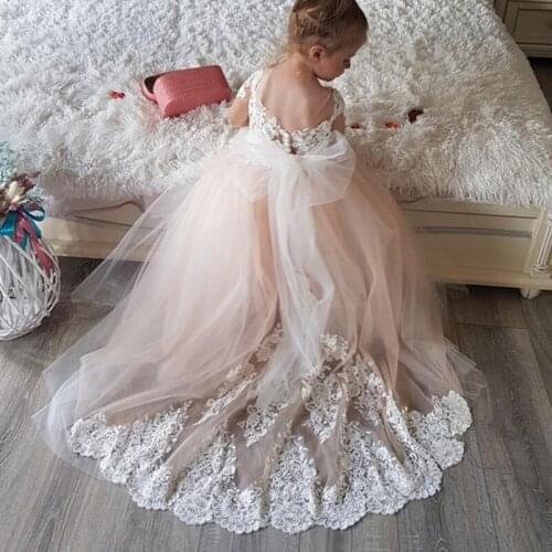 Champagne Flower Girl Dresses Long Train O-neck with Lace Applique Wedding Gowns for Kids Birthday Party Girl Clothes Customize