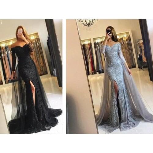 Modest Appliqued Lace Evening Dresses Off The Shoulder Tulle Corset Lace Up Evening Gowns Party Dress Mermaid Full Sleeves 2019