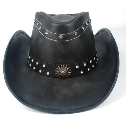 2019 100% Leather Men Women Black Western Cowboy Hat Wide Brim Hat Outdoor Sombrero Hombre Cowgirl Hat