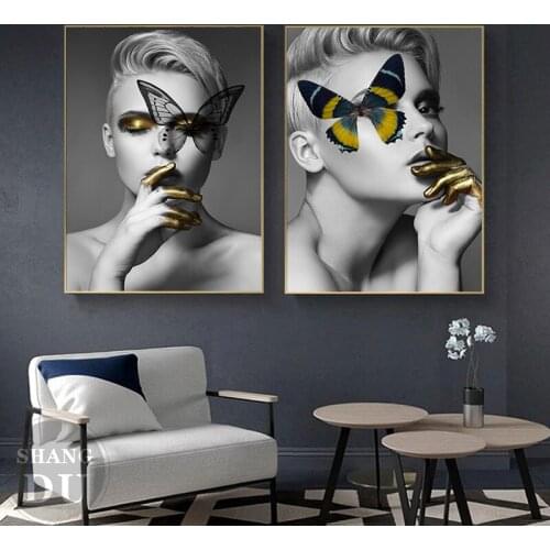 Nordic Abstract Picture Butterfly Woman Modern Wall Art Canvas Painting Poster Gold White And Black Butterfly Beauty Home Decor