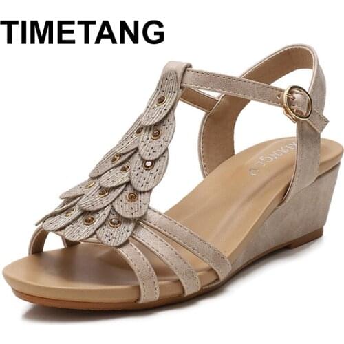 TIMETANG Plus Size Floral Elegant Platform Wedges Sandals Women Shoes Summer Medium Heel Gladiator Sandals Casual Beach Sandals