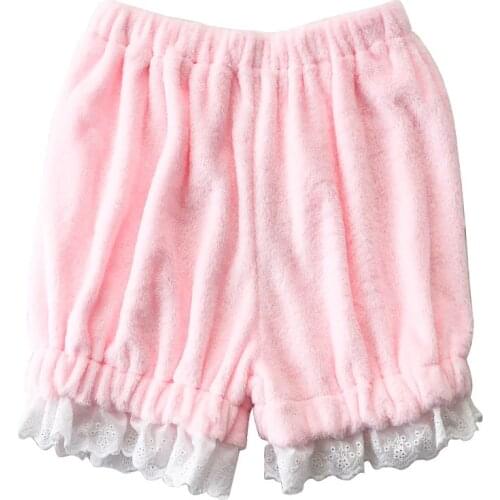 Japanese Lace Coral Velvet Warm Pumpkin Shorts Kawaii Soft Sister Pink Shorts Students Autumn Winter Cute Sisters Home Shorts