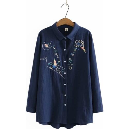 Womens oversize shirt turn-down collar Five-pointed star embroidery cotton yellow blue woman blouses 2021 loose Female clothing