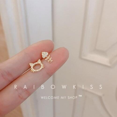 Korean Small Cute Cat Fish Bones Stud Earrings Zircon Asymmetrical For Women Earrings