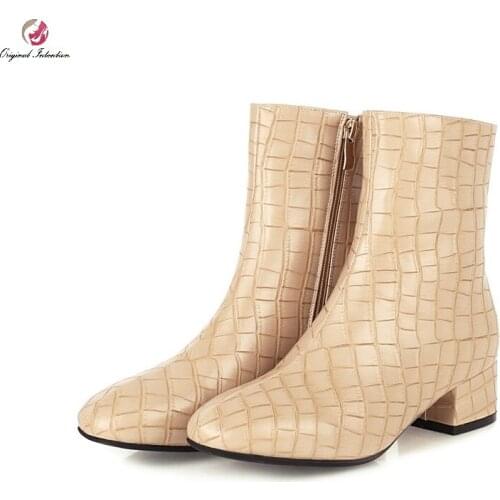 Womens Ankle Boots Patent Pu Leather Square Toe Booties Female Thick High Heels Shoes Ladies Party Shoes Winter Plus Size 33-48