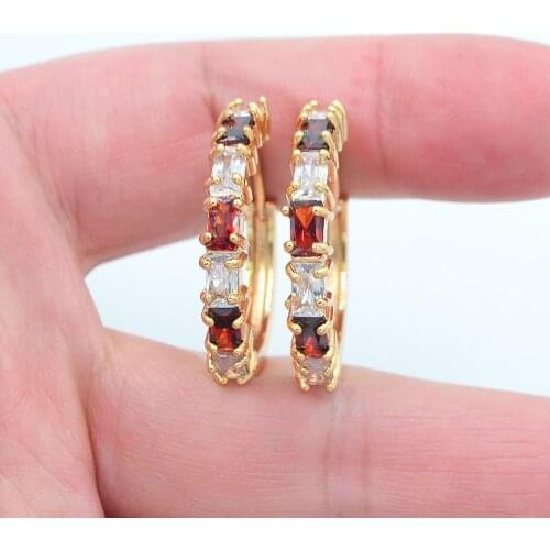 Gold Color Women Stylish White Red Cubic Zirconia CZ Huggie Hoop Earrings