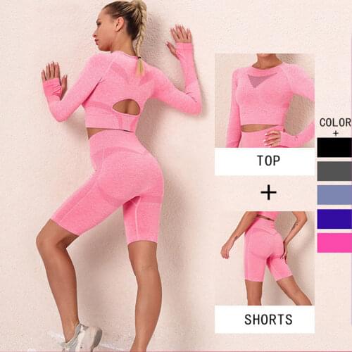 2PCS Seamless Women Fitness Set Workout Sports Wear Female Gym Clothing Fitness Long Sleeve+High Waist Shorts Tracksuit