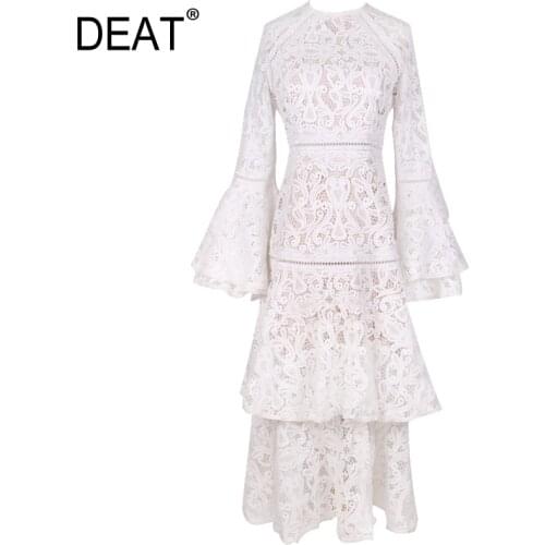 DEAT2021 Bohemian Dress Women Palace Vintage Hollow Out Flare Sleeve High Waist Flare Sleeve Multi-layer Elegant Fashion AM595
