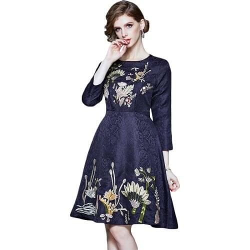 French Elegant Vintage Office Lady Flowers Embroidery Dress Women Autumn Casual High Waist Female Vintage A-Line Party Dress