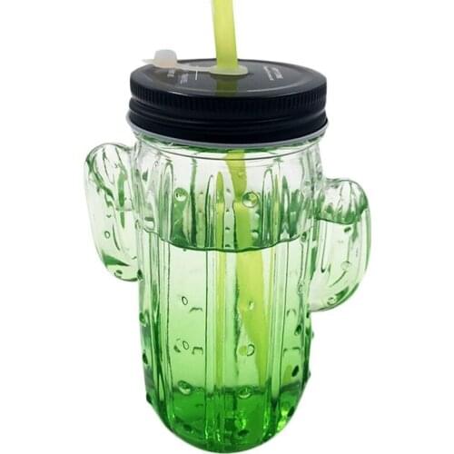 450ml Modern Simple Straw Mug Creative Cactus Juice Cup with Handle Straw Can Be Cold Mugs Beach Cold Drink Cup