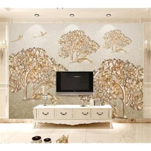 Beibehang Luxury gold embossed 3d tree bird European TV background wall custom living room bedroom home decoration wallpaper