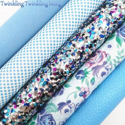 BLUE Chunky Glitter Canvas Sheet, 8"x11" Glitter Sheets, Printed Rose Faux Leather Sheet For Hair Bow & Earring Fabric XM063