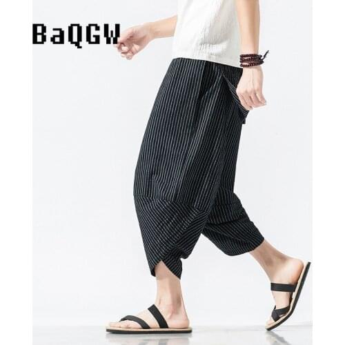 Fashion Harem Pants Mens Summer New Capris Loose Style High Waist Large Size 5XL Striped Print Trousers Hip Hop Wide Leg Pants