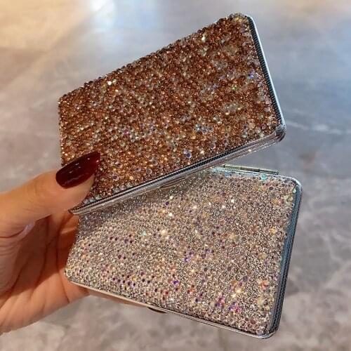 Diamond Women Cigarette Case Crystal Slim Portable Storage Box Holder 14 Sticks Metal Rhinestone Anti Pressure Smoking Tools