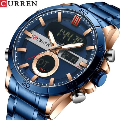 CURREN 3bar Mens Wristwatch Clock Dual Display Male Watch Stainless Steel Chronograph Sport Mens Watches with Luminous Pointers